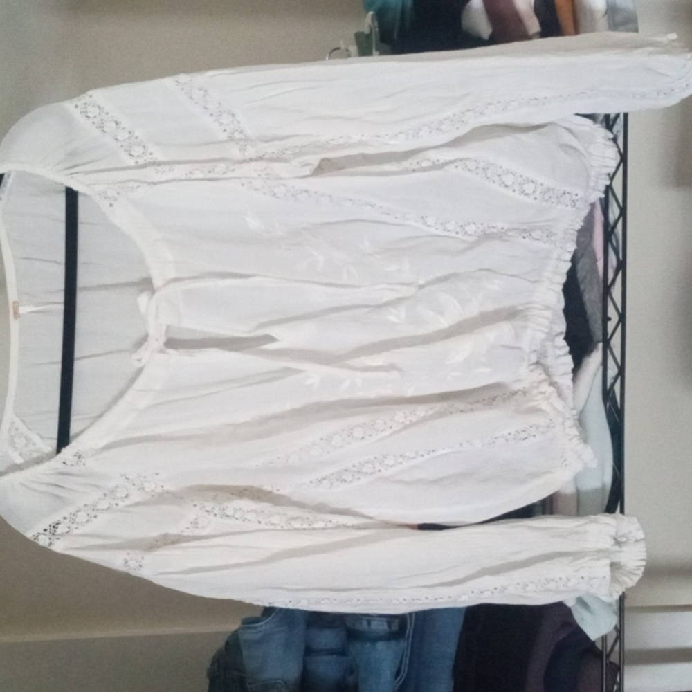Free People White Puff Sleeve Tie Front Blouse